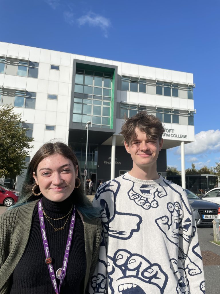 East Coast College and Lowestoft Sixth Form Student Union President, Tia Beresford and Vice President, Noah Berrey, outside the Lowestoft Sixth Form building 