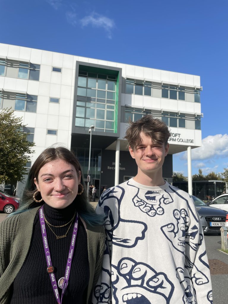 East Coast College and Lowestoft Sixth Form Student Union President, Tia Beresford and Vice President, Noah Berrey, outside the Lowestoft Sixth Form building