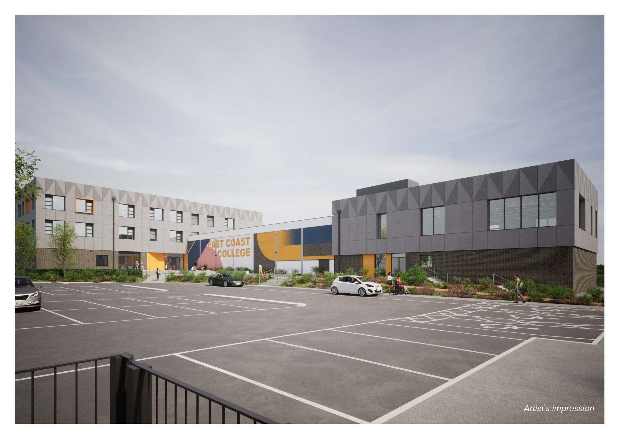 An artist's impression of the external view of the main apporach to East Coast College's Great Yarmouth Campus (indicative only). Image LSI Architects